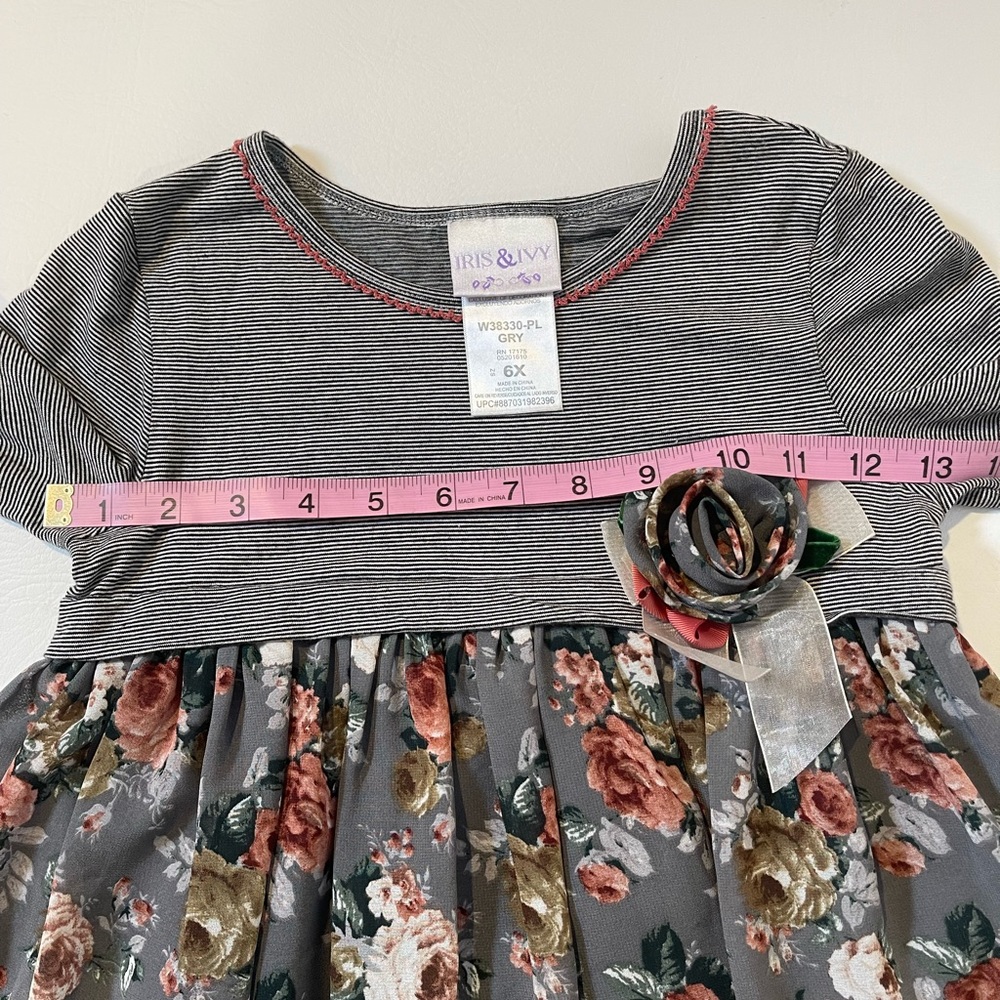 Iris & Ivy Gray Stripe and Floral, Long sleeve Girls Dress. Size 6X. Preloved. - Picture 9 of 10